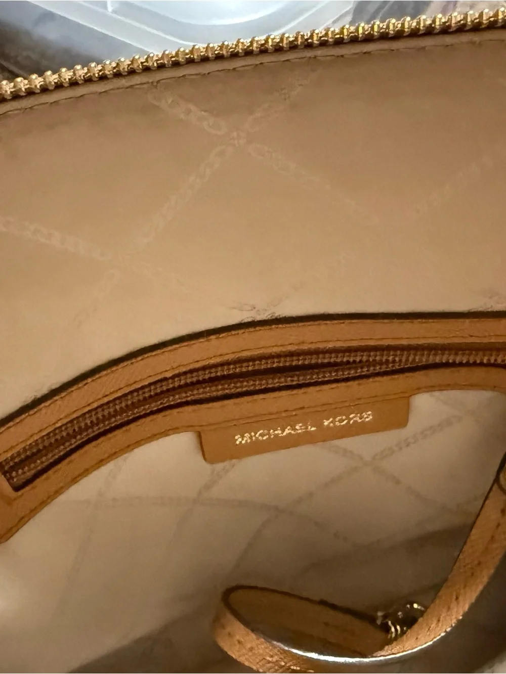 MICHAEL KORS Caramel/Tan Saffiano Leather Satchel with Gold Hardware